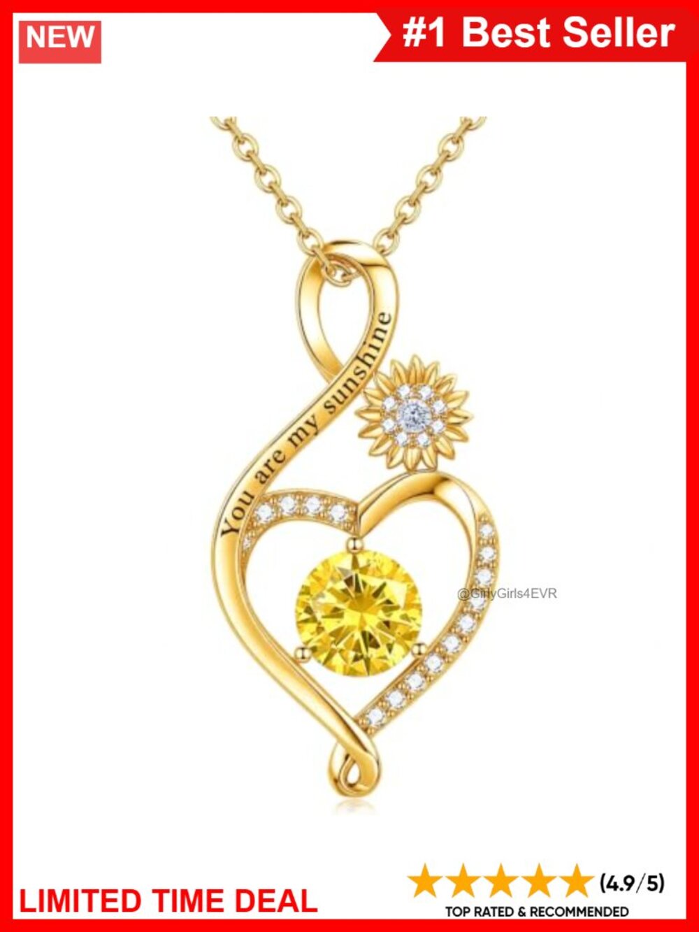 18K Gold Heart Birthstone Pendant Necklace Sunflower Engraved